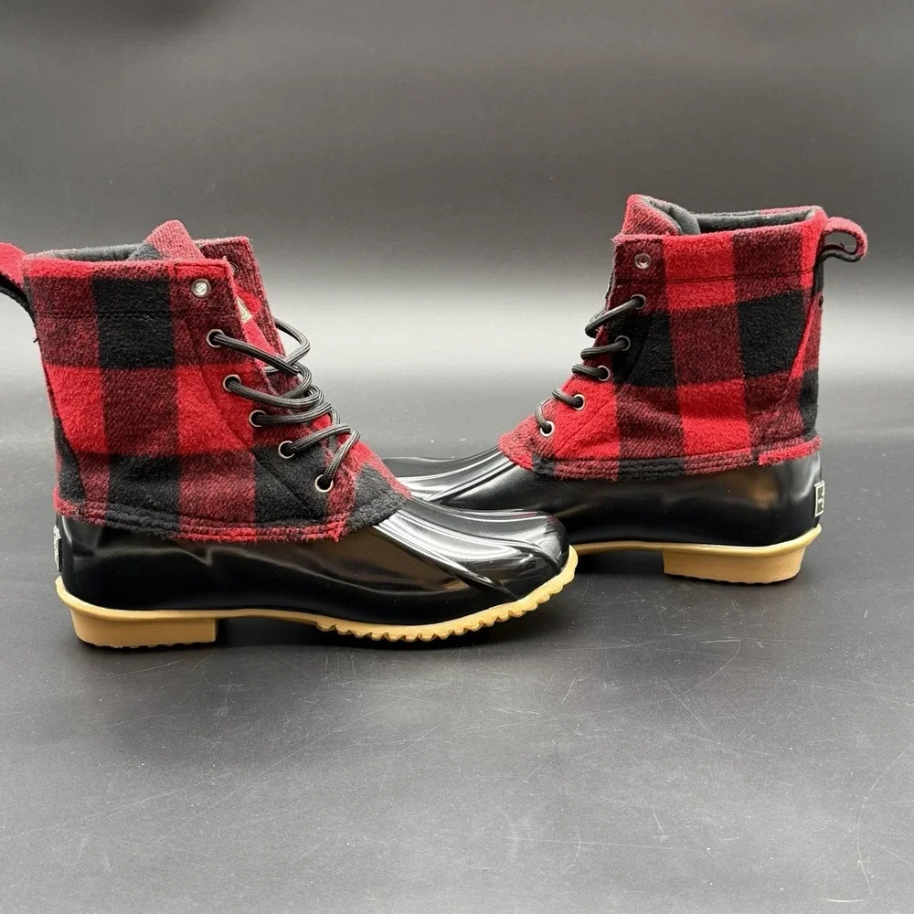 G.H. Bass Harlequin F16 Duck Boots Women's Sz 9 Red Plaid Rain Winter Lace Up
